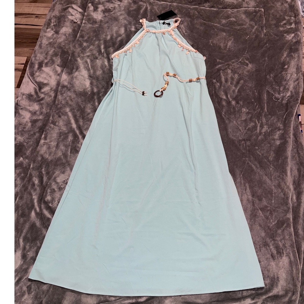 Forever CH Light Blue Shell Trim Halter Maxi Dress Beaded Belt NWT Medium